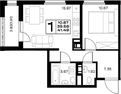 Планировка: Евродвушка 39,6 м² в ЖК «Борский»