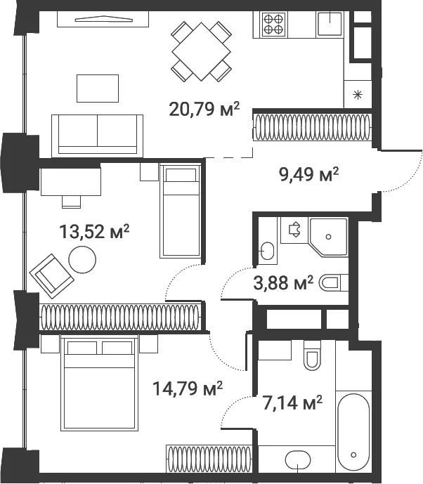 Планировка: Евротрёшка 69,6 м² в ЖК «Первый Нагатинский»