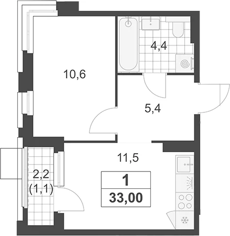 Планировка: 1-комнатная квартира 31,9 м² в ЖК «Южные сады»