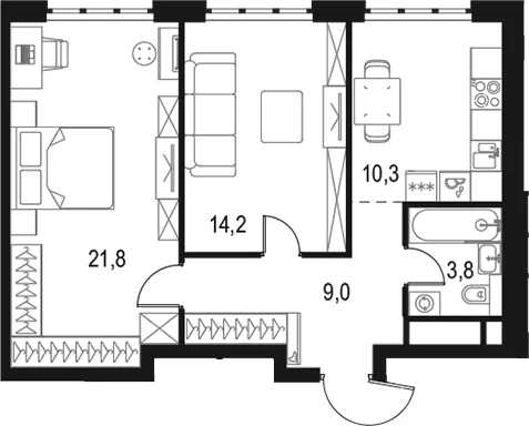 Планировка: 2-комнатная квартира 59,1 м² в ЖК «Левел Южнопортовая»
