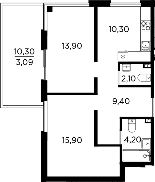 Планировка: 2-комнатная квартира 55,8 м² в ЖК «Плюс Пулковский»