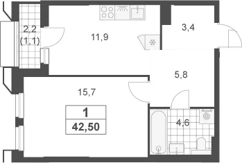 Планировка: 1-комнатная квартира 41,4 м² в ЖК «Южные сады»
