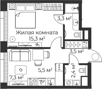 Планировка: Евродвушка 37,2 м² в ЖК «Веер»