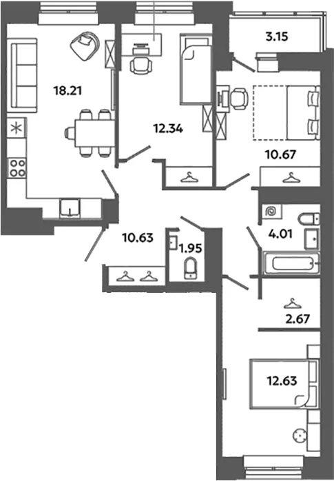 Планировка: Квартира евро-4 73,1 м² в ЖК «Загляденье»