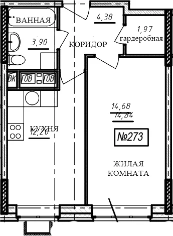 Планировка: 1-комнатная квартира 37,1 м² в ЖК «Краснофлотский»