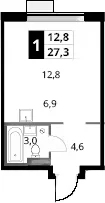 Планировка: Студия 27,3 м² в ЖК «1-й Донской»