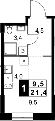 Планировка: Студия 21,4 м² в ЖК «1-й Измайловский»