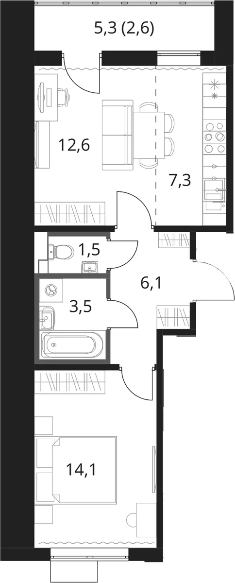 Планировка: 1-комнатная квартира 45,1 м² в ЖК «1-й Шереметьевский»