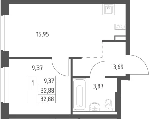 Планировка: Евродвушка 32,9 м² в ЖК «Большое Юрлово»