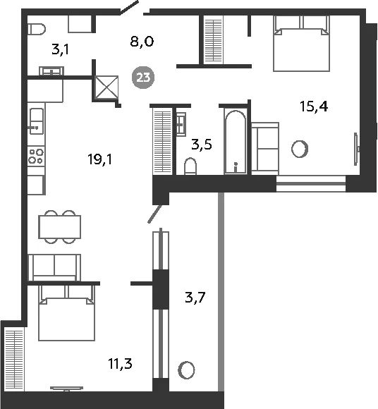 Планировка: Евротрёшка 60,4 м² в ЖК «Графская слобода в Песках»