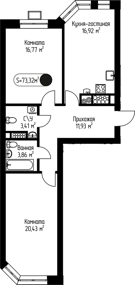 Планировка: 2-комнатная квартира 73,3 м² в ЖК «Мечта-квартал Любовь»