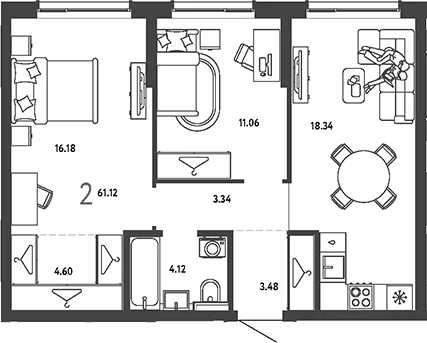 Планировка: 2-комнатная квартира 61,1 м² в ЖК «Страна.Парковая»