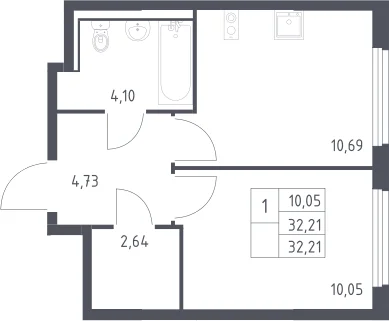 Планировка: 1-комнатная квартира 32,2 м² в ЖК «Пригород Лесное»