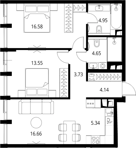 Планировка: Евротрёшка 69,6 м² в ЖК «Сити Бэй»