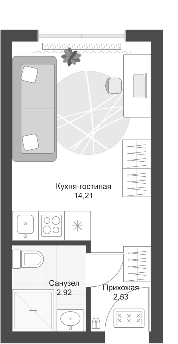 Планировка: Студия 19,7 м² в ЖК «Апарт-комплекс Первый Зеленый»