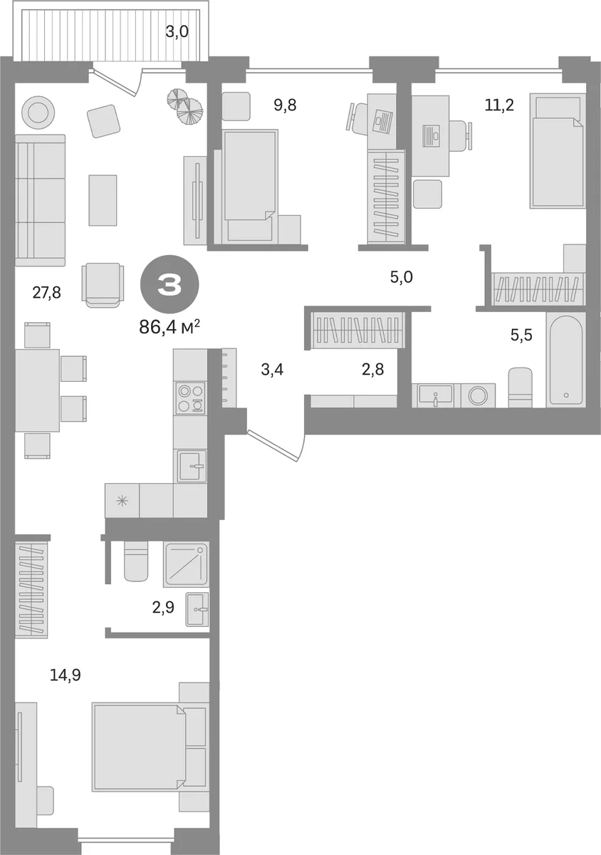 Планировка: 3-комнатная квартира 83,4 м² в ЖК «Первый квартал. Вторая очередь»