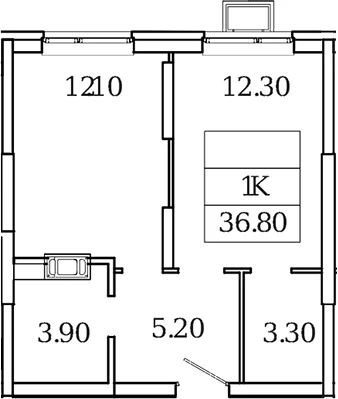 Планировка: 1-комнатная квартира 36,8 м² в ЖК «Видный Берег 2.0»