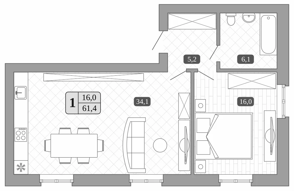 Планировка: Евродвушка 61,4 м² в ЖК «Белый город»