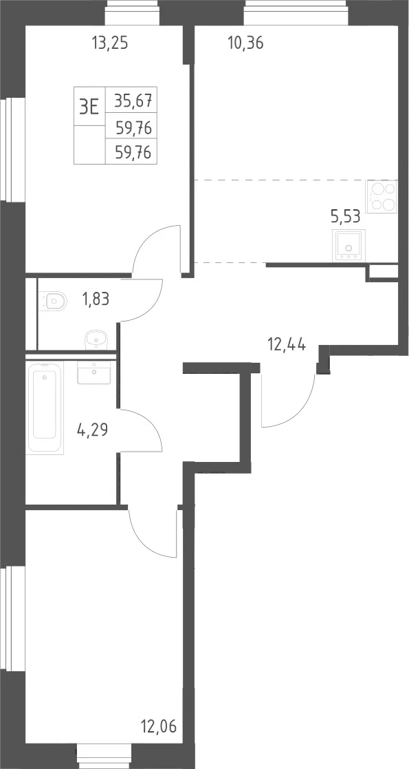 Планировка: Евротрёшка 59,8 м² в ЖК «Квартал Домашний»