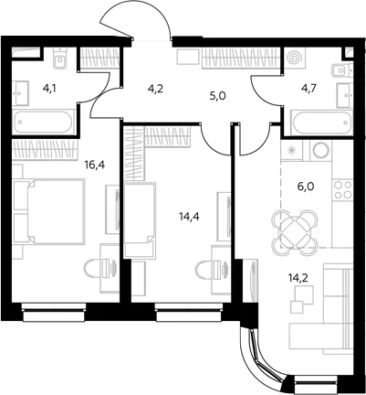 Планировка: Евротрёшка 69,5 м² в ЖК «Адмирал»