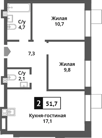 Планировка: Евротрёшка 51,7 м² в ЖК «Никольский квартал Отрада»