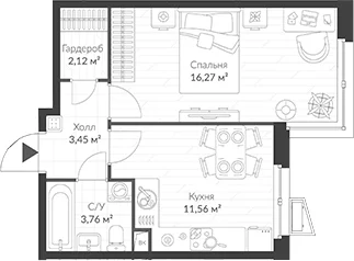 Планировка: 1-комнатная квартира 37,2 м² в ЖК «ВЕРЕН НОРТ Cертолово»