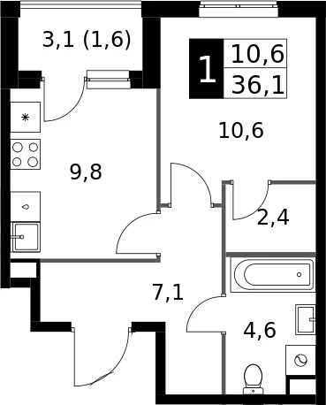 Планировка: 1-комнатная квартира 34,5 м² в ЖК «1-й Измайловский»
