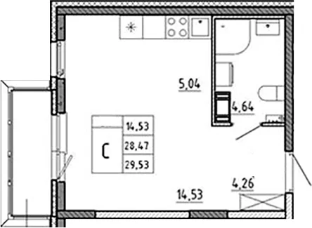 Планировка: Студия 28,5 м² в ЖК «Аннино Сити»