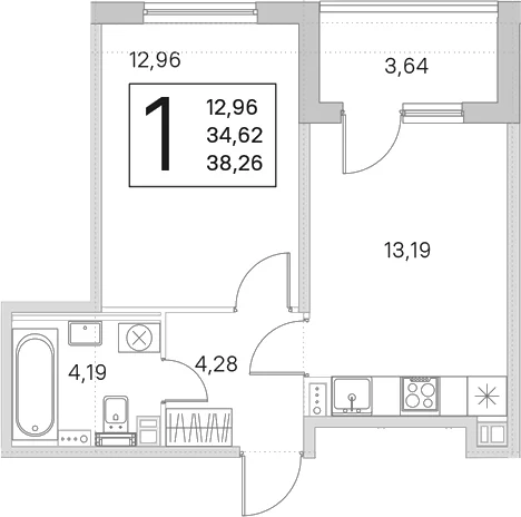 Планировка: 1-комнатная квартира 34,6 м² в ЖК «Любоград в Стрельне»