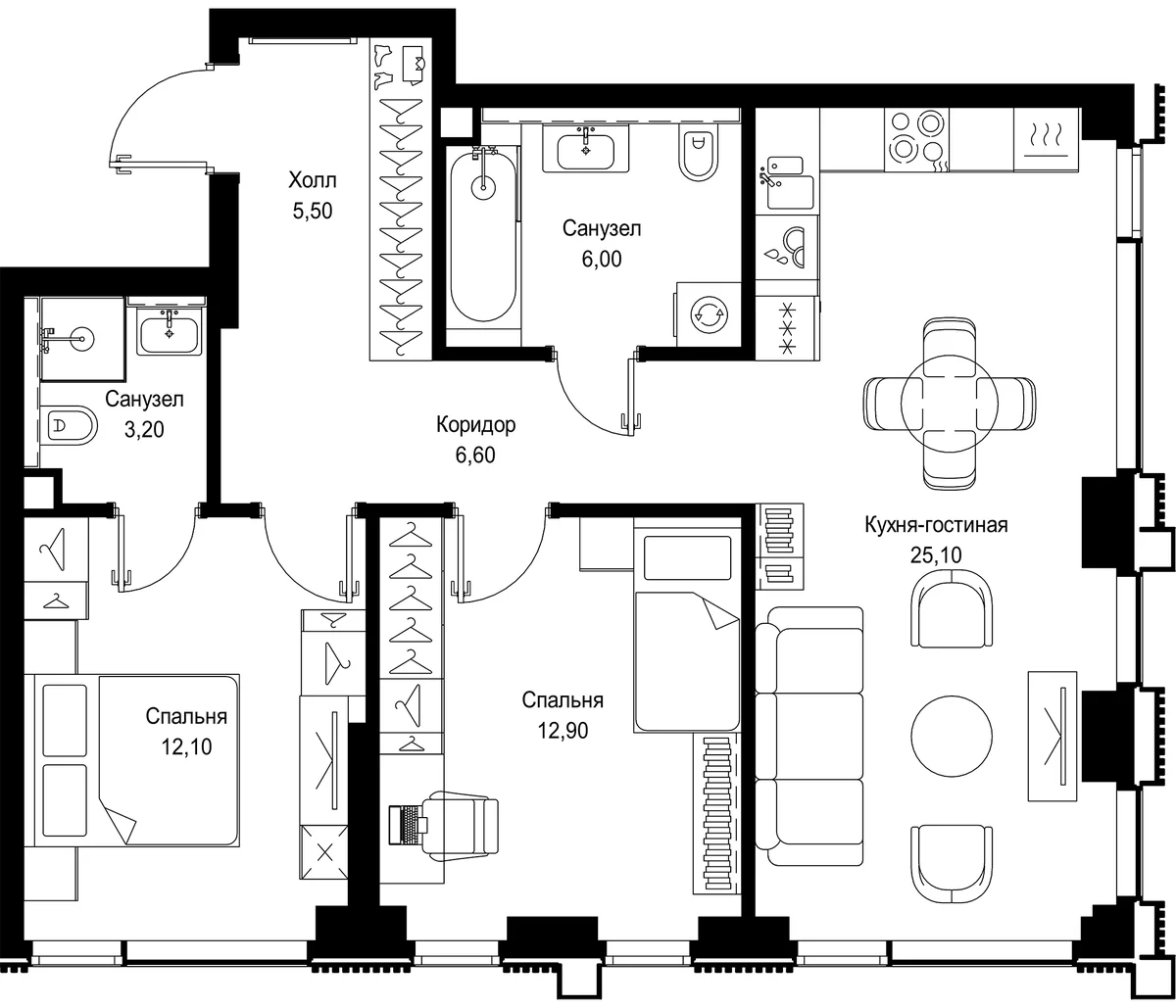 Планировка: Евротрёшка 71,4 м² в ЖК «СИТИДЗЕН»