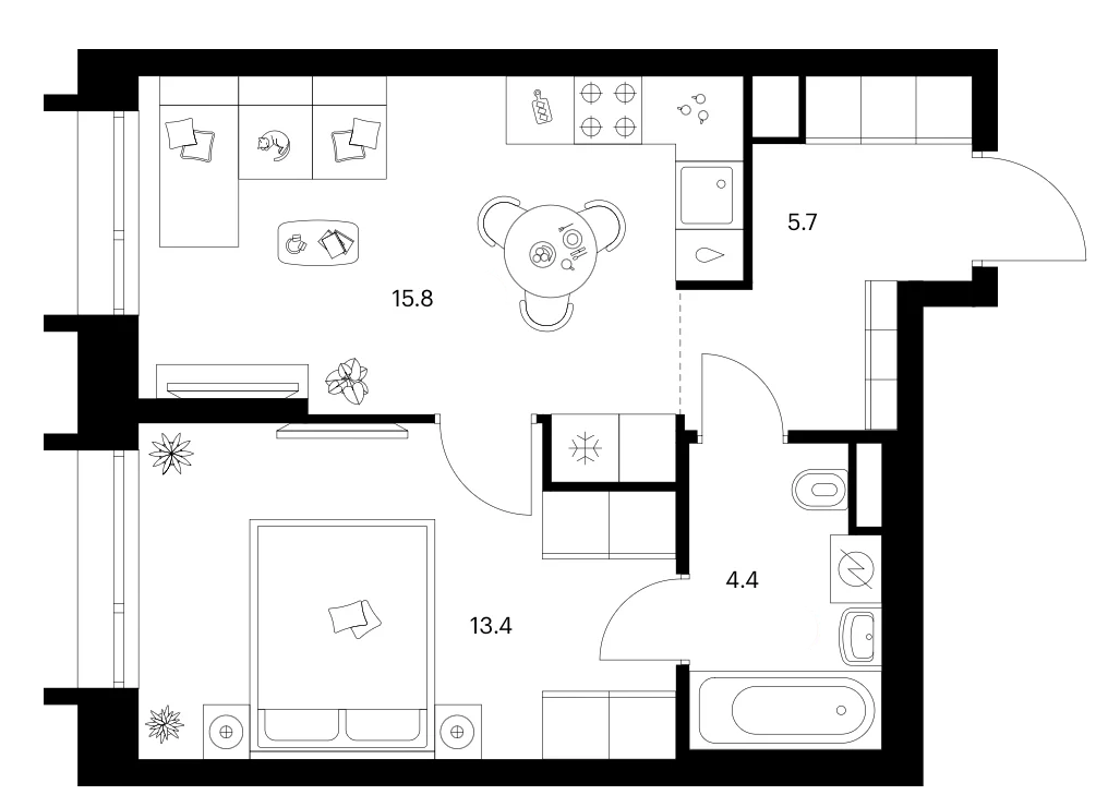 Планировка: 1-комнатная квартира 39,3 м² в ЖК «Зеленый парк»