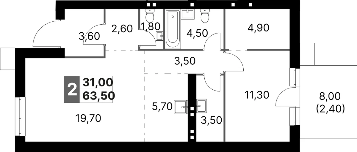 Планировка: Евродвушка 63,5 м² в ЖК «Апрелевка Клаб»