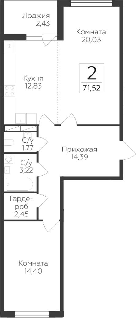 Планировка: 2-комнатная квартира 69,1 м² в ЖК «Панорама Юкки. ГК Развитие. Санкт-Петербург»
