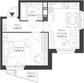 Планировка: 1-комнатная квартира 36,4 м² в ЖК «ВЕРЕН НОРТ Cертолово»