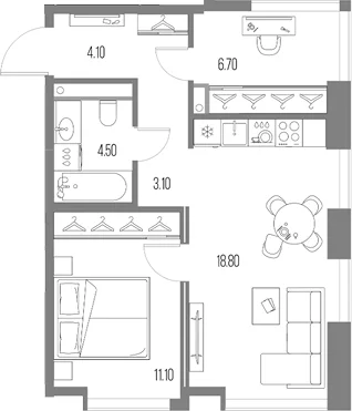 Планировка: 1-комнатная квартира 48,3 м² в ЖК «Северный Порт»