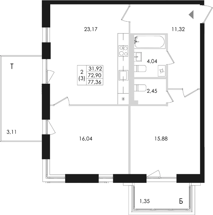 Планировка: Евротрёшка 72,9 м² в ЖК «Лисино»