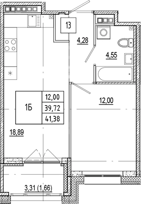 Планировка: Евродвушка 39,7 м² в ЖК «Ranta Residence»