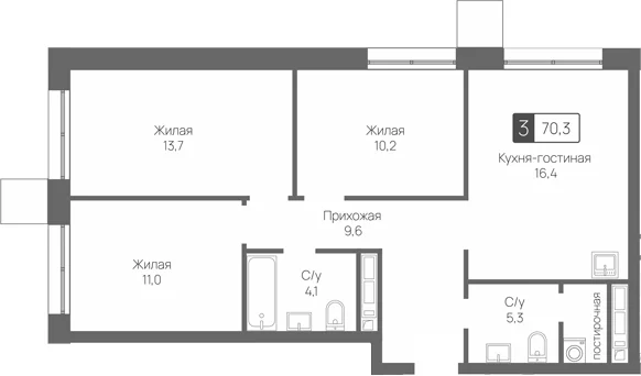 Планировка: Квартира евро-4 70,3 м² в ЖК «Сити квартал Отрада»
