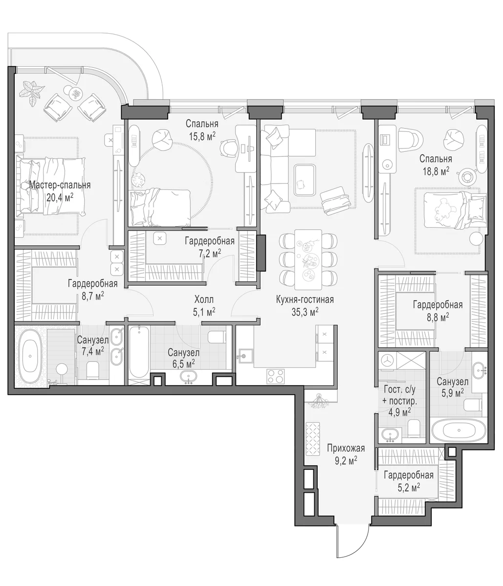 Планировка: Квартира евро-4 161,2 м² в ЖК «Дом Палашёвский 11»