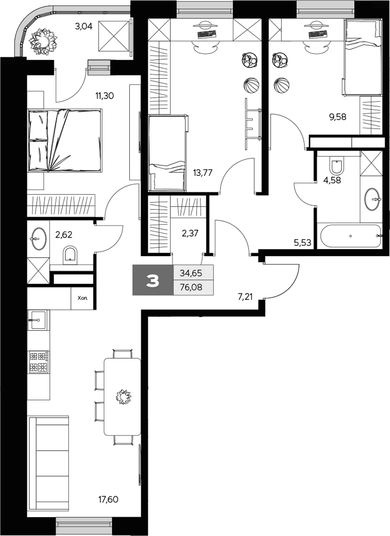 Планировка: 3-комнатная квартира 74,6 м² в ЖК «Ласточкино»