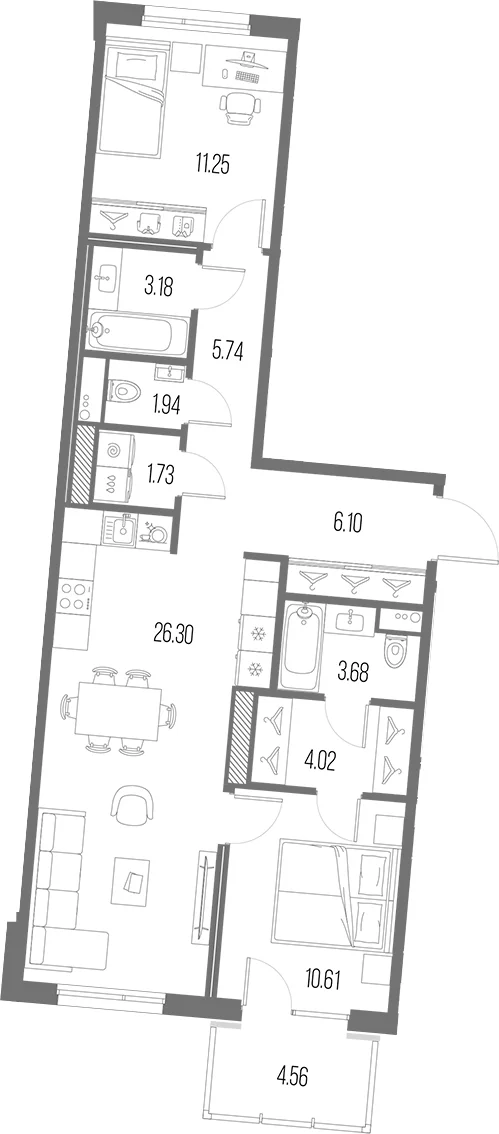 Планировка: Евротрёшка 74,6 м² в ЖК «Легенда Васильевского»