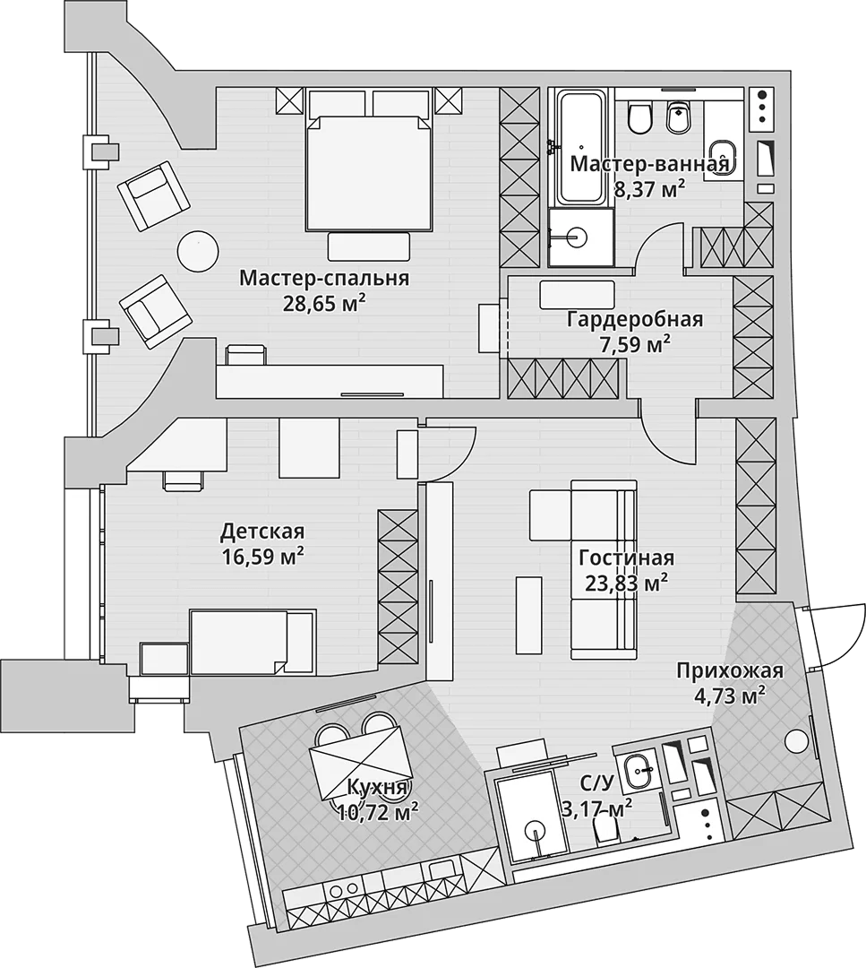 Планировка: 2-комнатная квартира 100,8 м² в ЖК «Маршал»