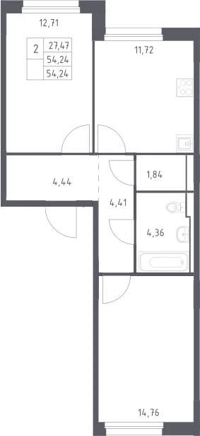 Планировка: 2-комнатная квартира 54,2 м² в ЖК «Прибрежный Парк»