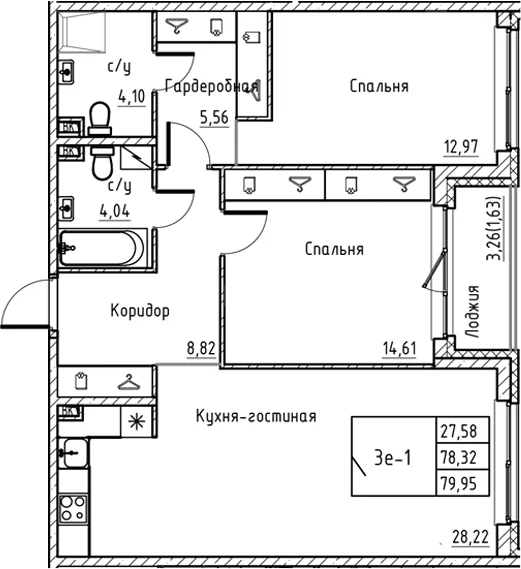 Планировка: Евротрёшка 78,3 м² в ЖК «Энфилд»