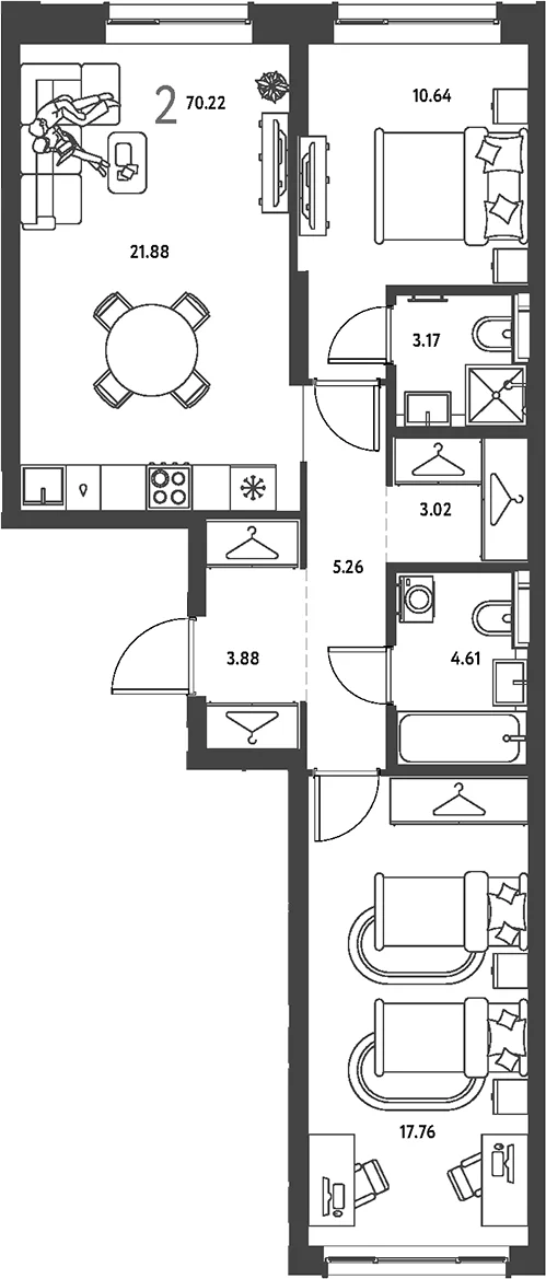 Планировка: 2-комнатная квартира 70,2 м² в ЖК «Страна.Парковая»