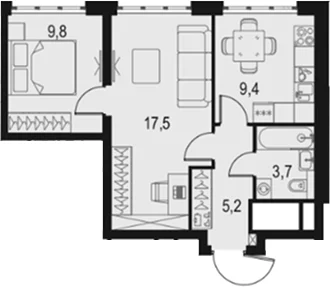 Планировка: 2-комнатная квартира 45,6 м² в ЖК «Левел Южнопортовая»