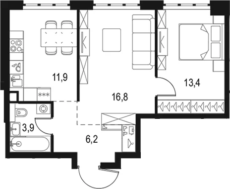 Планировка: 2-комнатная квартира 52,2 м² в ЖК «Левел Южнопортовая»