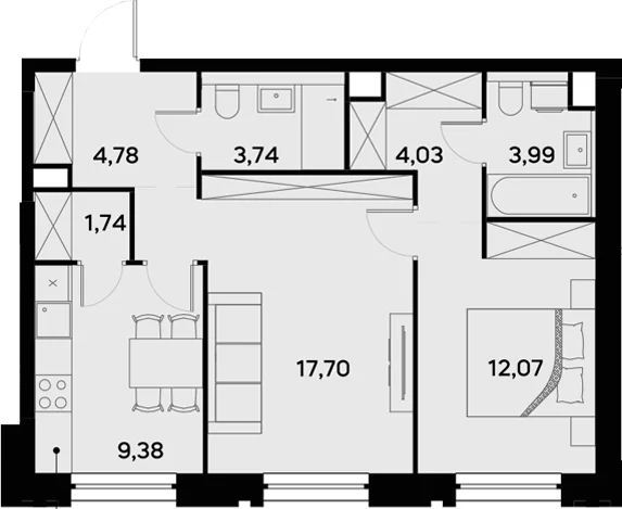 Планировка: 2-комнатная квартира 57,4 м² в ЖК «УЛЬТИМА Сити»
