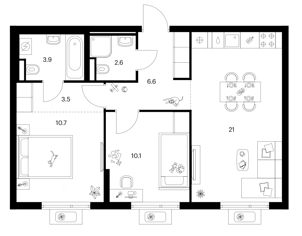 Планировка: 2-комнатная квартира 58,4 м² в ЖК «Белая Дача парк»
