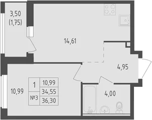Планировка: 1-комнатная квартира 34,6 м² в ЖК «Южная Нева»